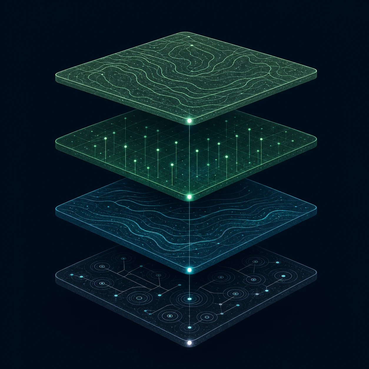 Four illuminated plates stacked as one connected system.
