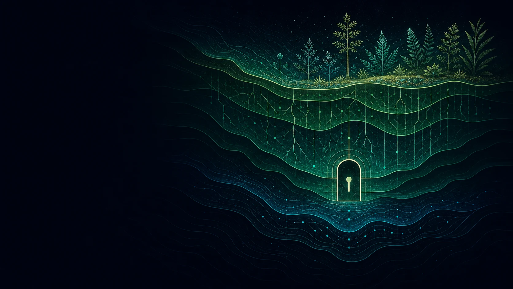 A living world shown in luminous layers, with roots carrying signals toward a protected gate.